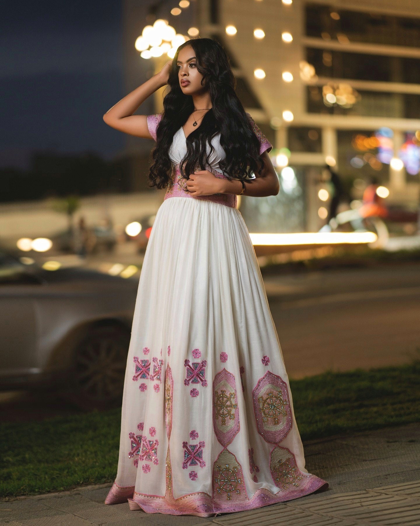 TIRUYE PINK & GOLD EMBROIDERED HABESHA DRESS | ROYAL HABESHA KEMIS FOR WEDDING | CROSS PATTERN DESIGN ETHIOPIAN CLOTHING