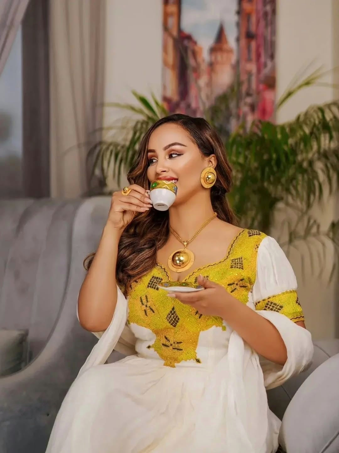 HIRUT GOLDEN YELLOW ETHIOPIAN DRESS | FESTIVE HABESHA DRESS FOR NEW YEAR | TRADITIONAL HABESHA KEMIS WITH EMBROIDERY