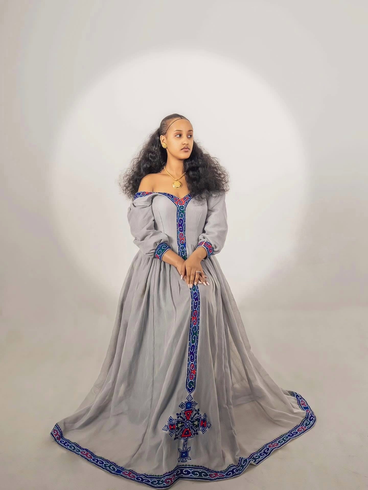 MIHRET GREY ETHIOPIAN DRESS | BLUE & RED EMBROIDERY HABESHA KEMIS | TRADITIONAL ETHIOPIAN HABESHA DRESS