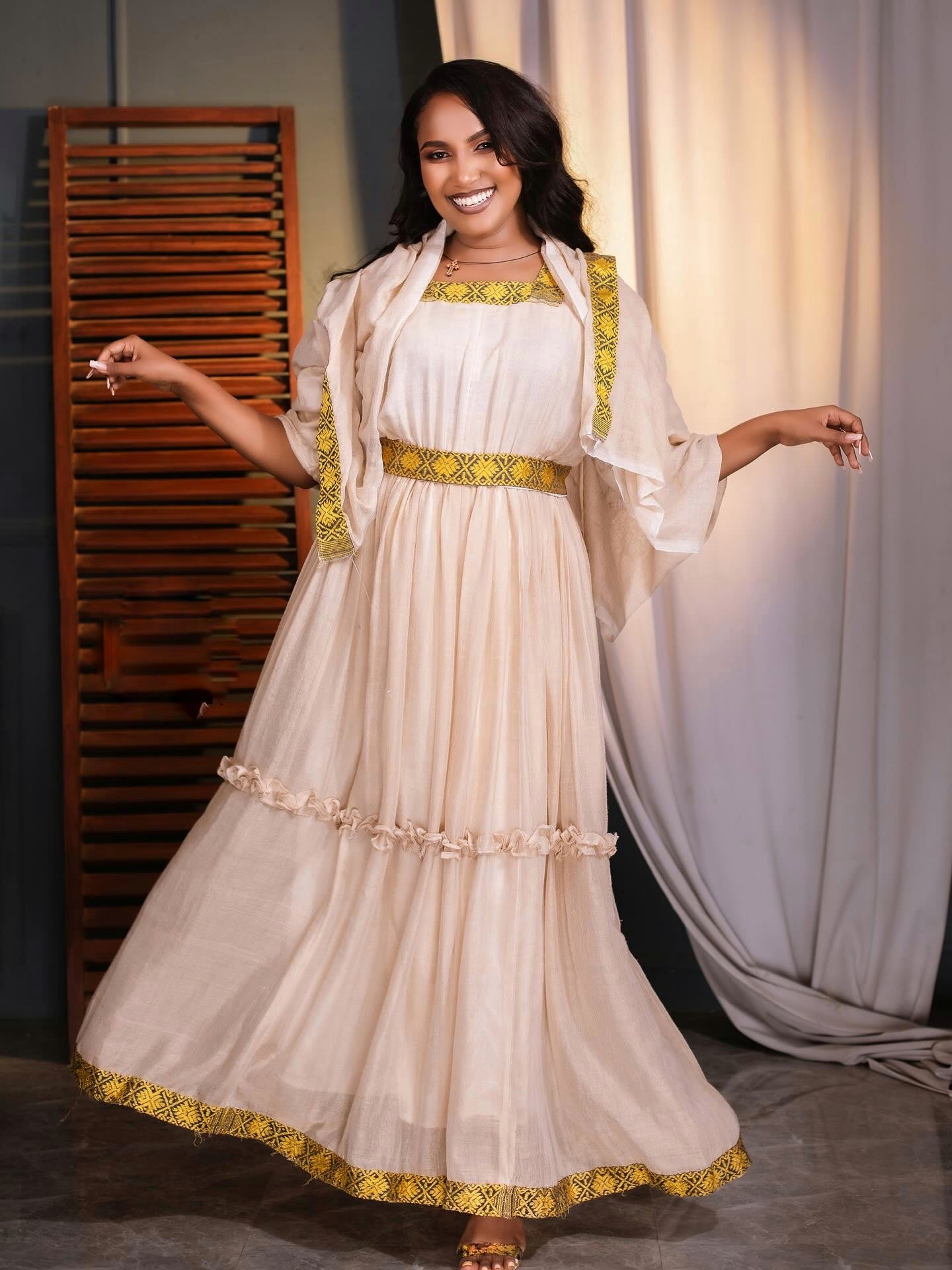 MAFI CREAMY HABESHA DRESS | YELLOW EMBROIDERY HABESHA KEMIS | STUNNING TRADITIONAL ETHIOPIAN CLOTHING