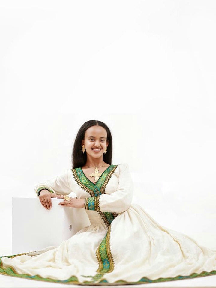 KENEAN GRACEFUL HABESHA DRESS | GREEN EMBROIDERY ETHIOPIAN CLOTHING | HABESHA KEMIS DESIGN