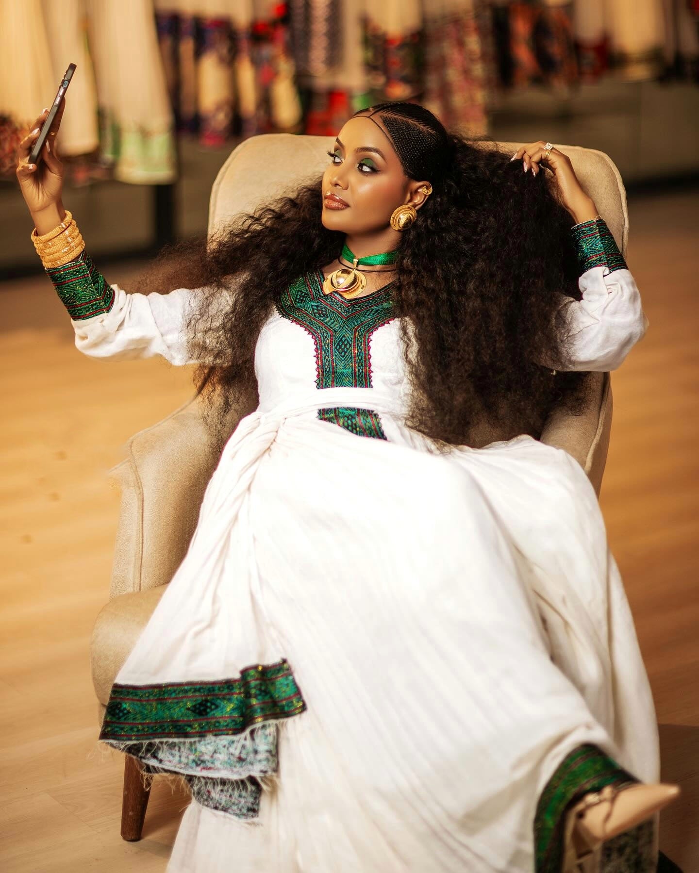 MIGNOT GREEN EMBROIDERED HABESHA DRESS | HABESHA STYLE & TRADITIONAL ETHIOPIAN DRESS| LONG SLEEVE HABESHA KEMIS