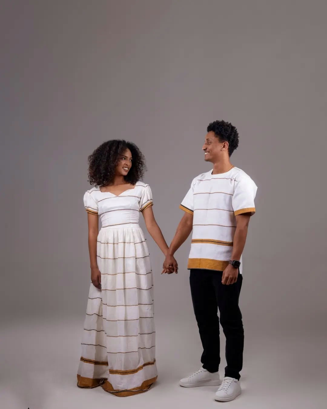 AKSUMAWIT STYLISH STRIPED HABESHA COUPLE OUTFIT | MODERN ETHIOPIAN DRESS SET | MATCHING SET