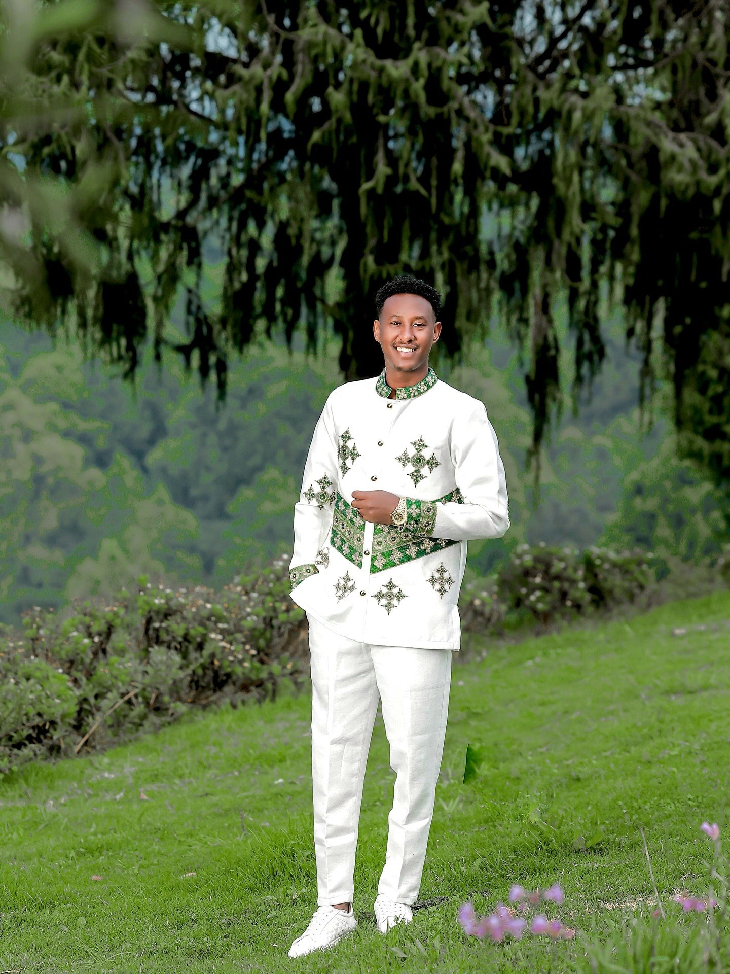 BINIYAM MEN’S HABESHA TRADITIONAL SUIT | GREEN EMBROIDERY ETHIOPIAN CLOTH | HABESHA MEN'S SUIT