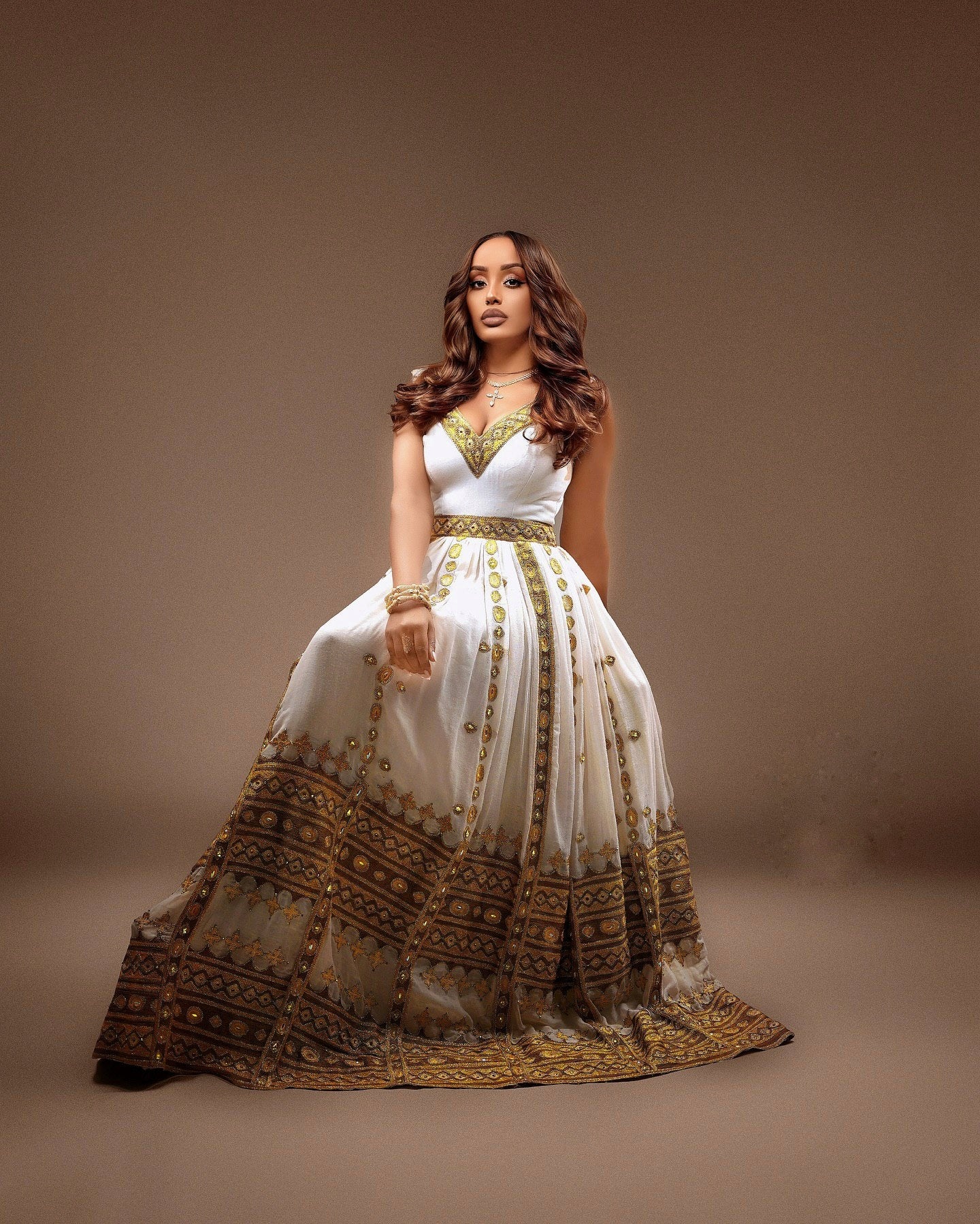 TIHUNE TRADITIONAL ETHIOPIAN WEDDING DRESS | HABESHA KEMIS WITH GOLDEN EMBROIDERY | GRACEFUL HABESHA DRESS