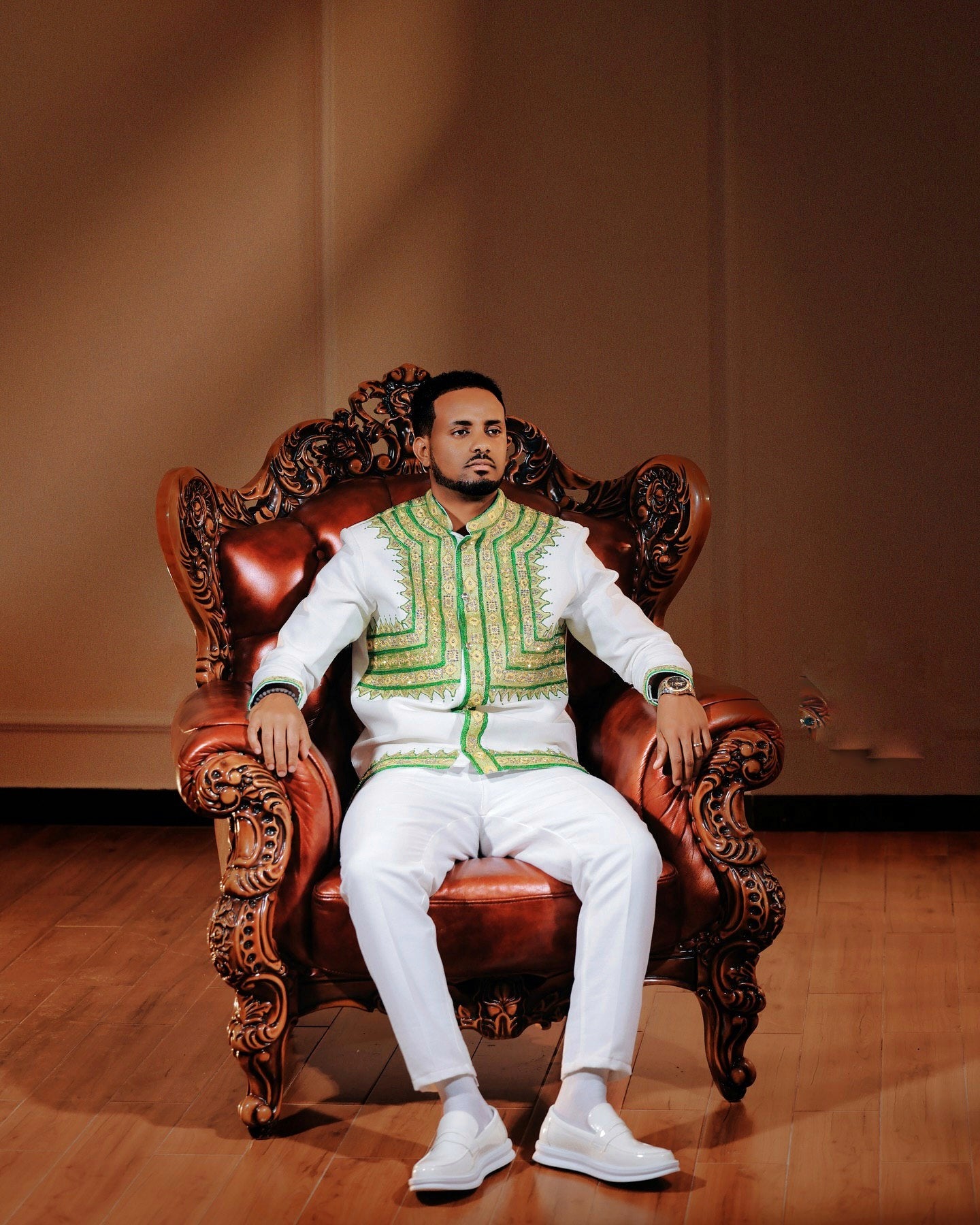 ALEMAYEW STYLISH ETHIOPIAN MEN’S OUTFIT | GREEN EMBROIDERED HABESHA CLOTHING | HABESHA MEN'S SET