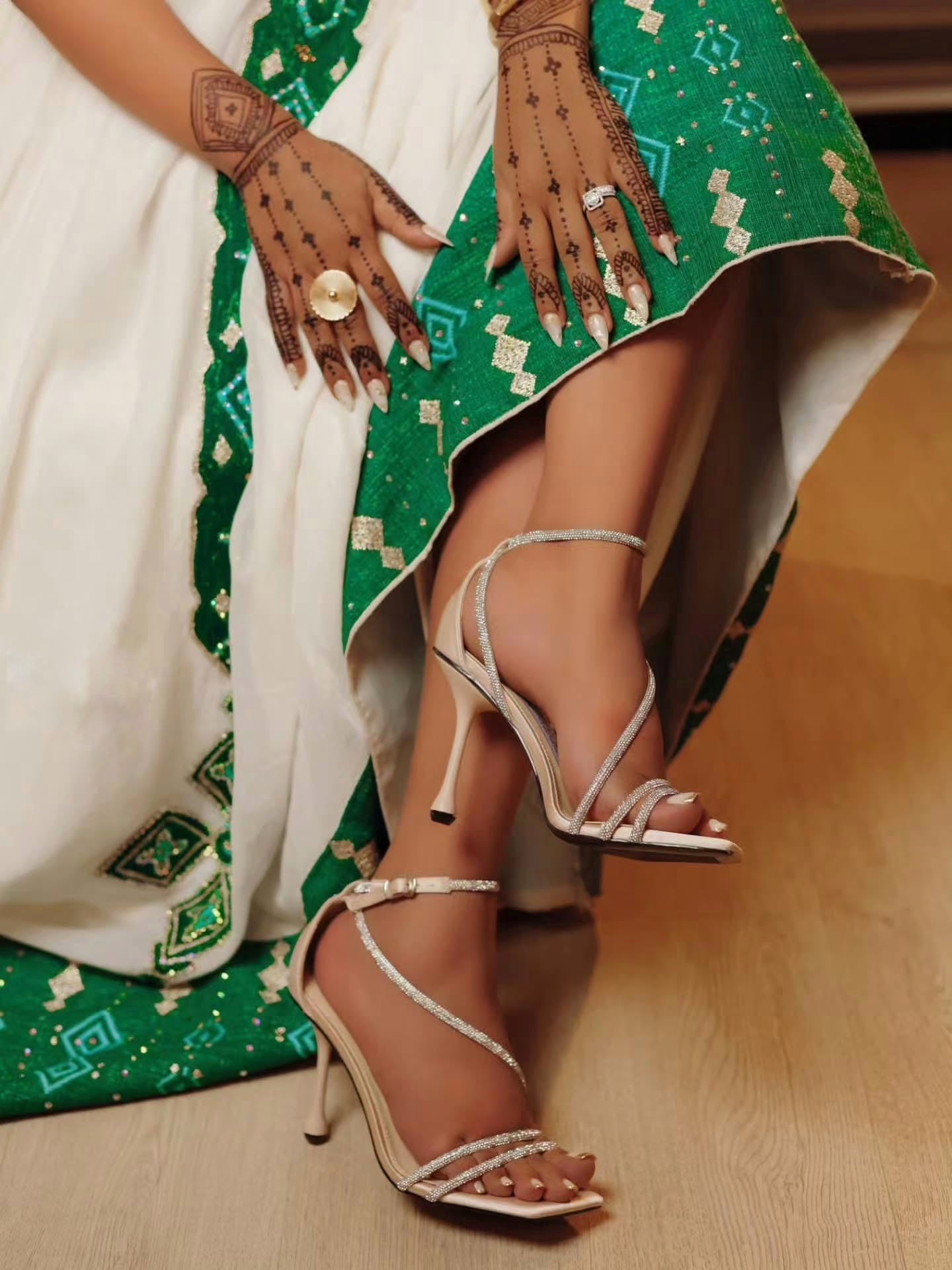 KELEMWA GREEN WOVEN PATTERN HABESHA DRESS | STYLISH HABESHA KEMIS | ETHIOPIAN CLOTHING ELEGANCE