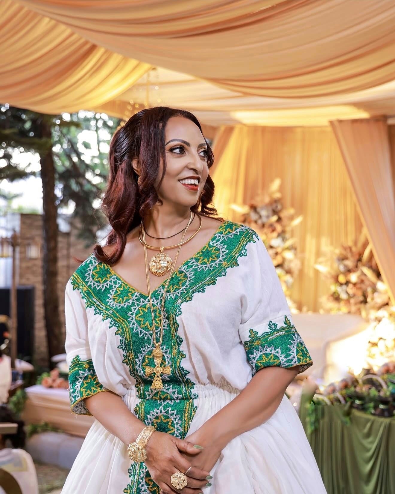 FIYORI GREEN EMBROIDERY HABESHA DRESS | HABESHA KEMIS FOR WEDDING | ETHIOPIAN WEDDING DRESS