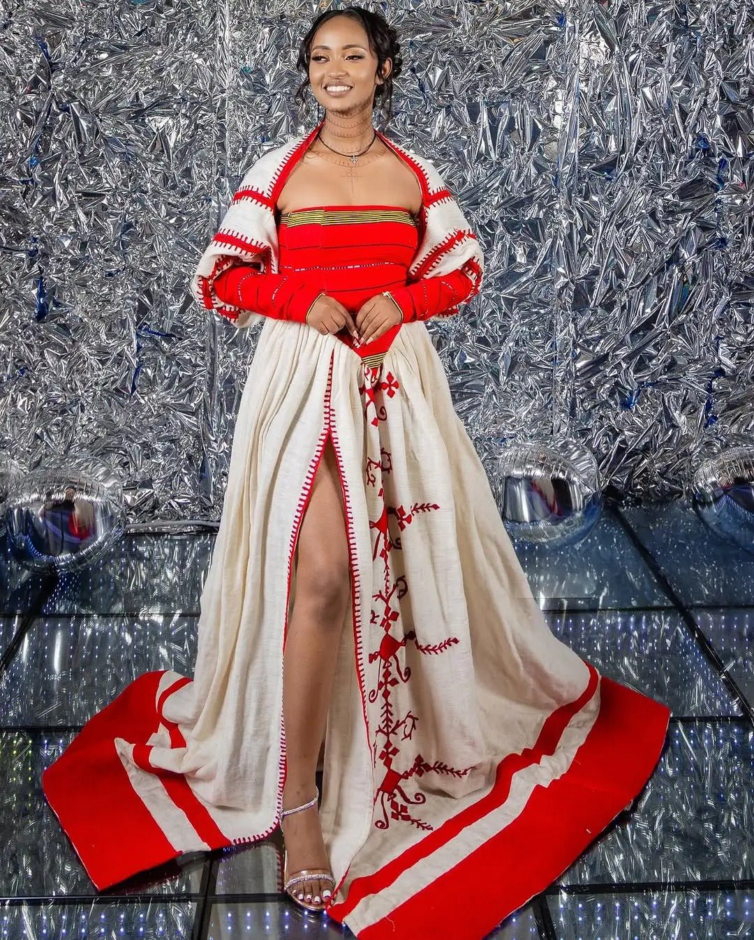 TSEGENET BOLD ETHIOPIAN DRESS WITH RED CORSET | FUSION OF TRADITION ETHIOPIAN CLOTHING | BEAUTIFUL HABESHA KEMIS