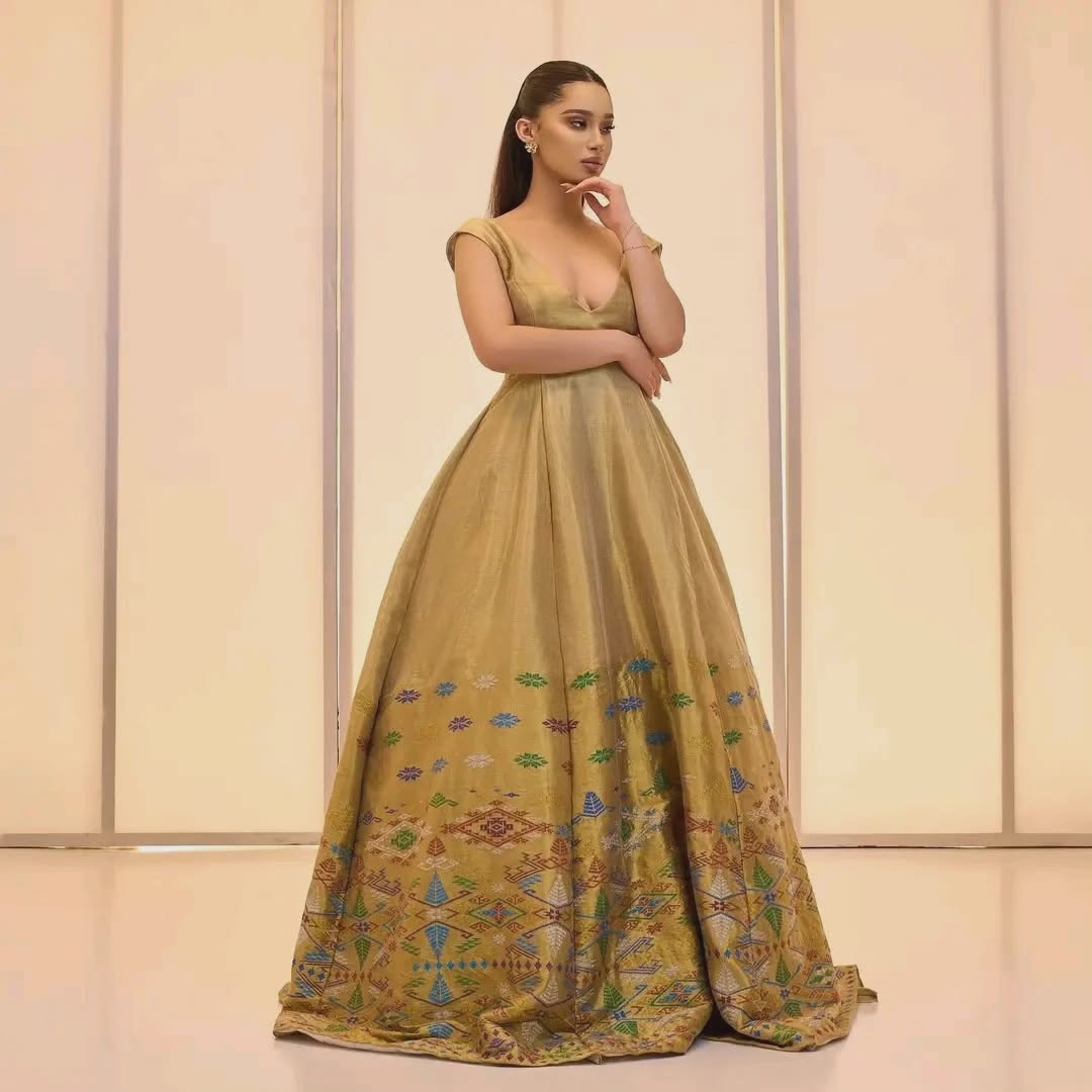 BERASABEH MODERN GOLDEN HABESHA DRESS | COLORFUL TIBEB EMBROIDERY ETHIOPIAN CLOTH | TRADITIONAL HABESHA KEMIS FOR CULTURAL CELEBRATION