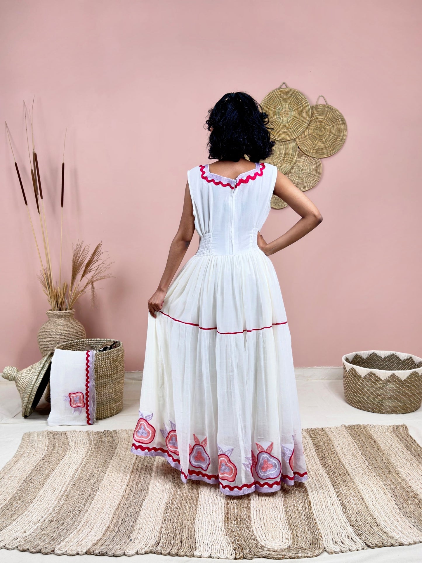 Handwoven Ethiopian Dress | Habesha Kemis with Dark Pink Embroidery | Traditional White Dress | Handmade Cultural Wear Hab133