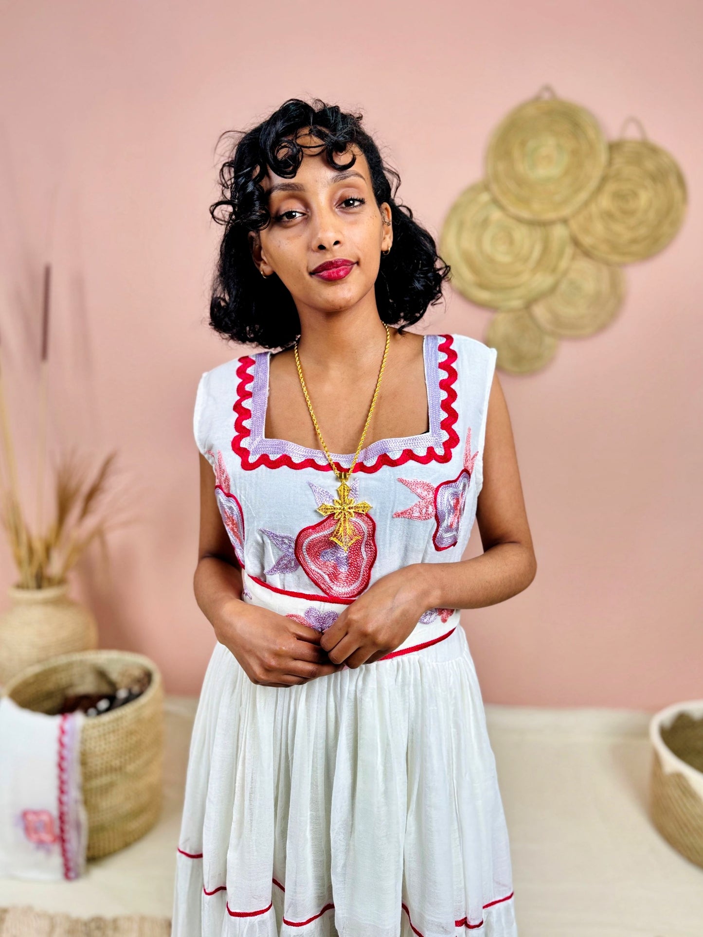 Handwoven Ethiopian Dress | Habesha Kemis with Dark Pink Embroidery | Traditional White Dress | Handmade Cultural Wear Hab133