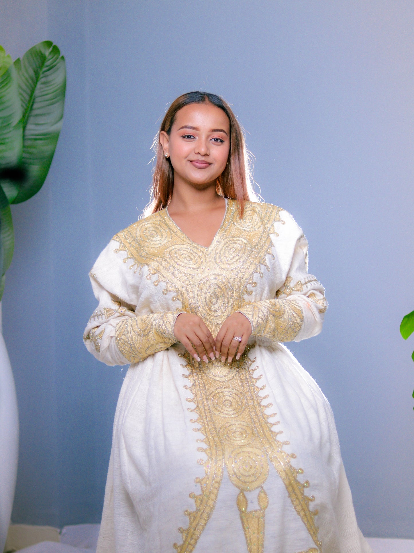 Golden Majesty V-Neck Habesha Dress | Regal Ethiopian Kemis Hab244