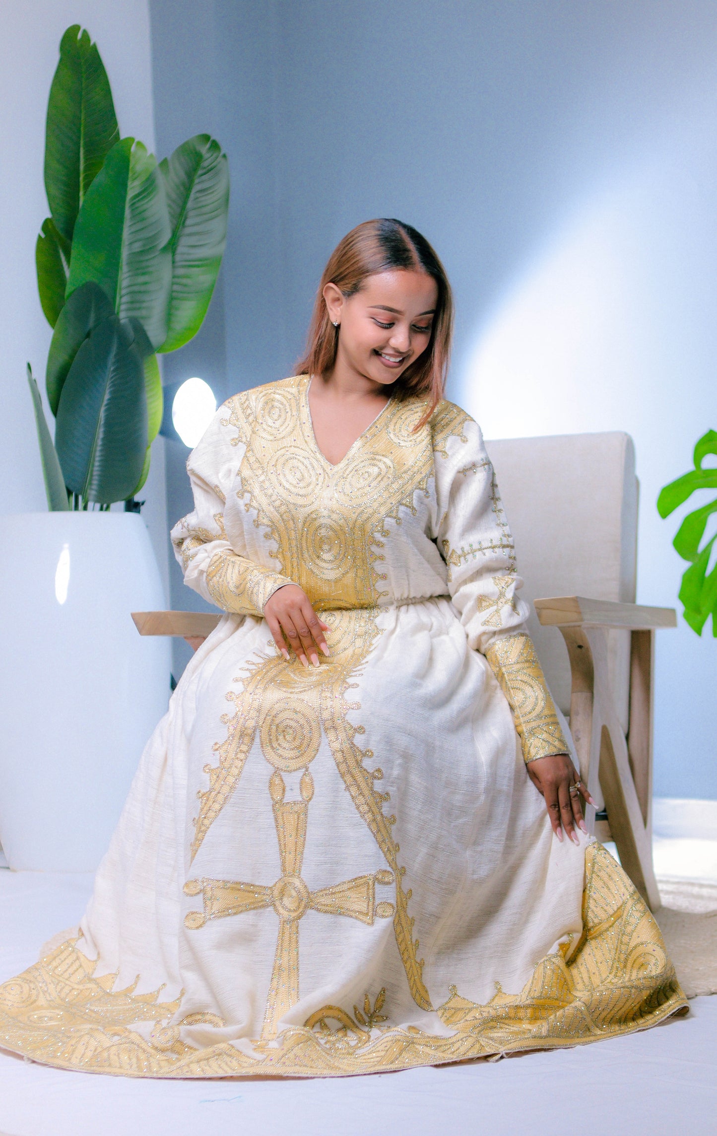 Golden Majesty V-Neck Habesha Dress | Regal Ethiopian Kemis Hab244