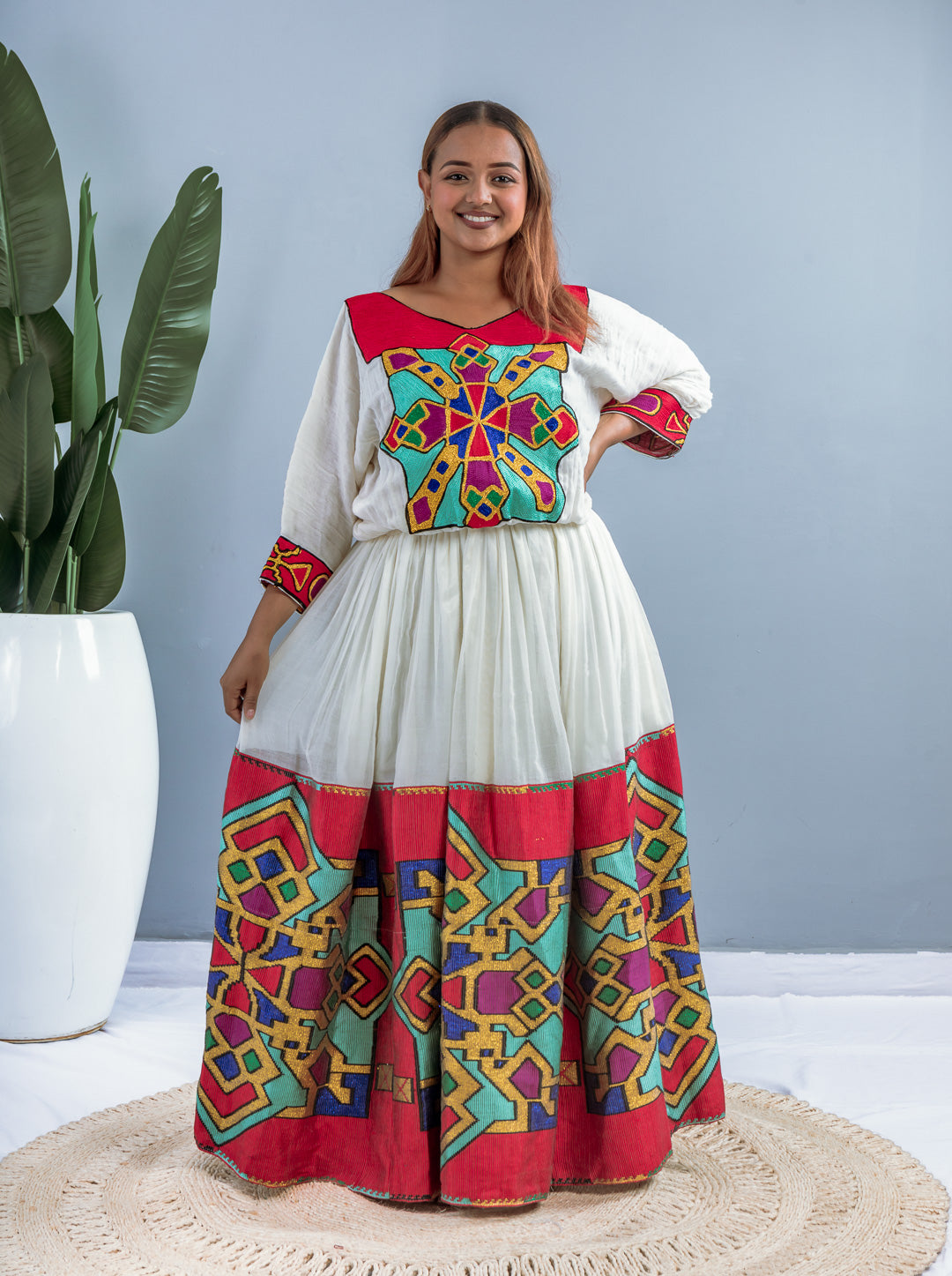 Traditional Ethiopian Habesha Dress | Handmade Cotton | Red & Multicolor Geometric Tibeb | Flowy Fit – Style Hab201
