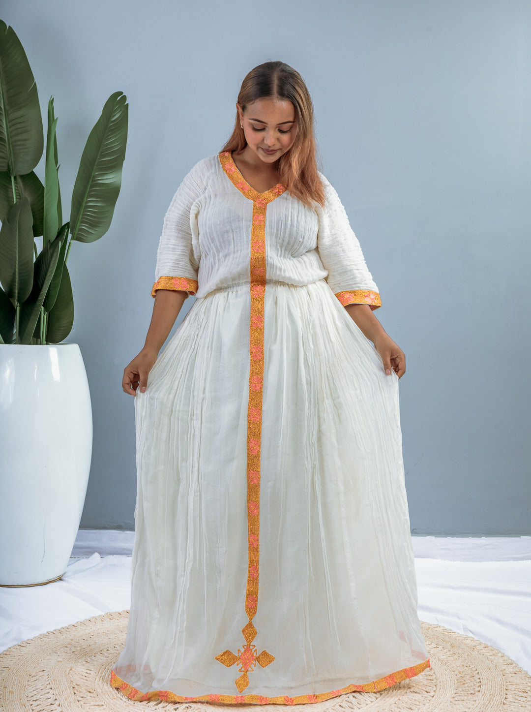 Long White Ethiopian Dress | Gold & Coral Tibeb Trim | Handwoven Cotton | Elegant Traditional Wear Hab213