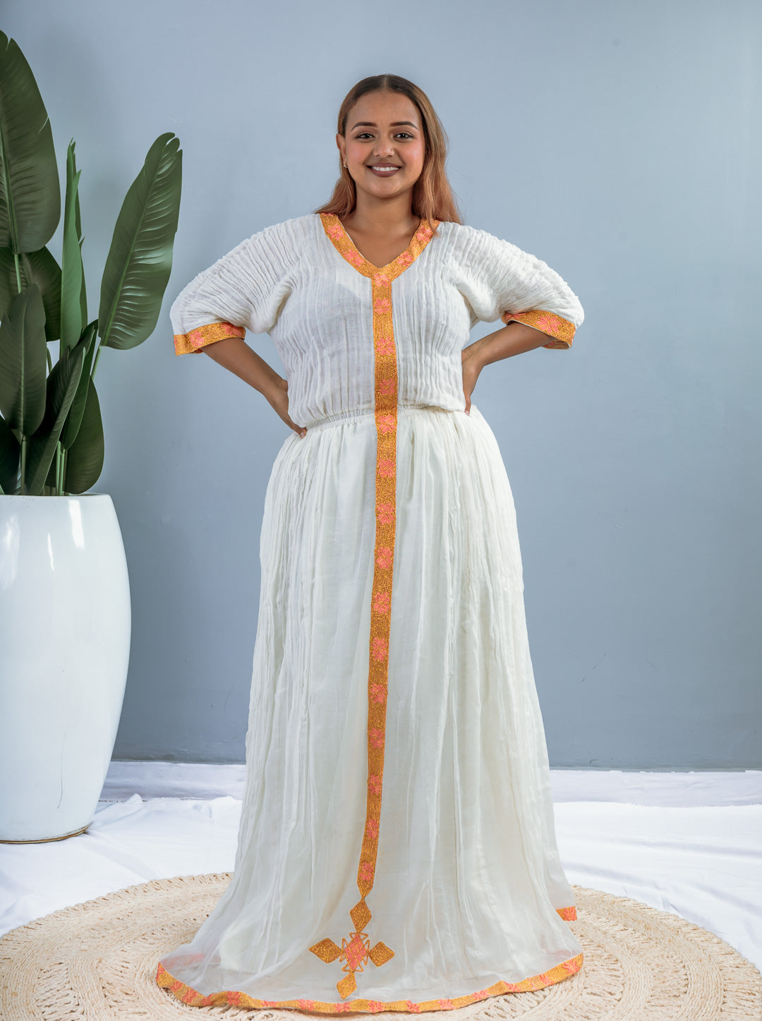 Long White Ethiopian Dress | Gold & Coral Tibeb Trim | Handwoven Cotton | Elegant Traditional Wear Hab213