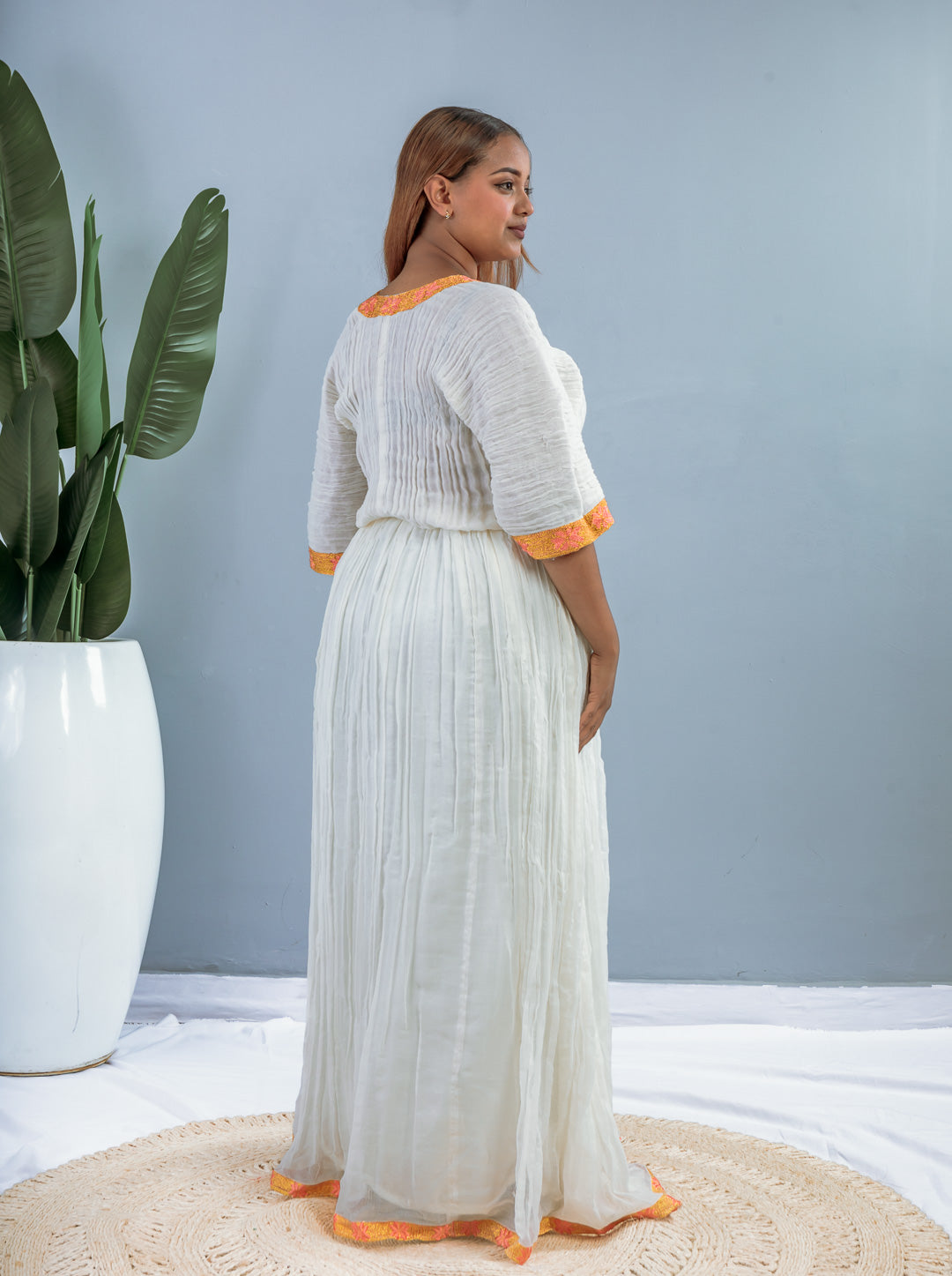 Long White Ethiopian Dress | Gold & Coral Tibeb Trim | Handwoven Cotton | Elegant Traditional Wear Hab213