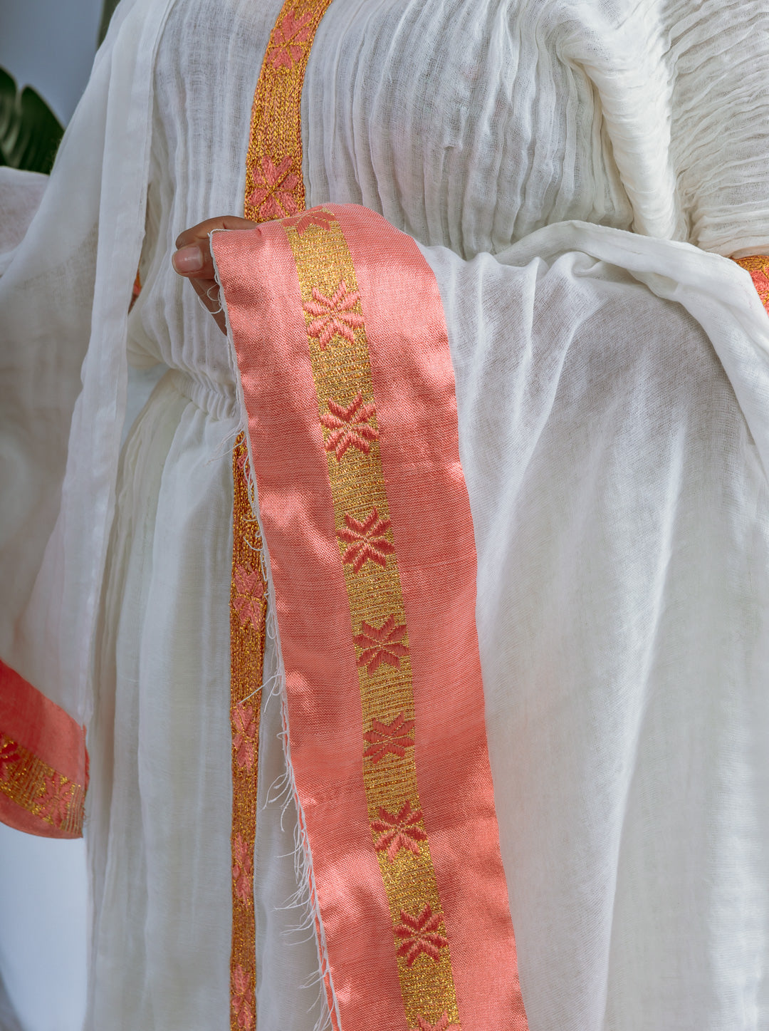 Long White Ethiopian Dress | Gold & Coral Tibeb Trim | Handwoven Cotton | Elegant Traditional Wear Hab213