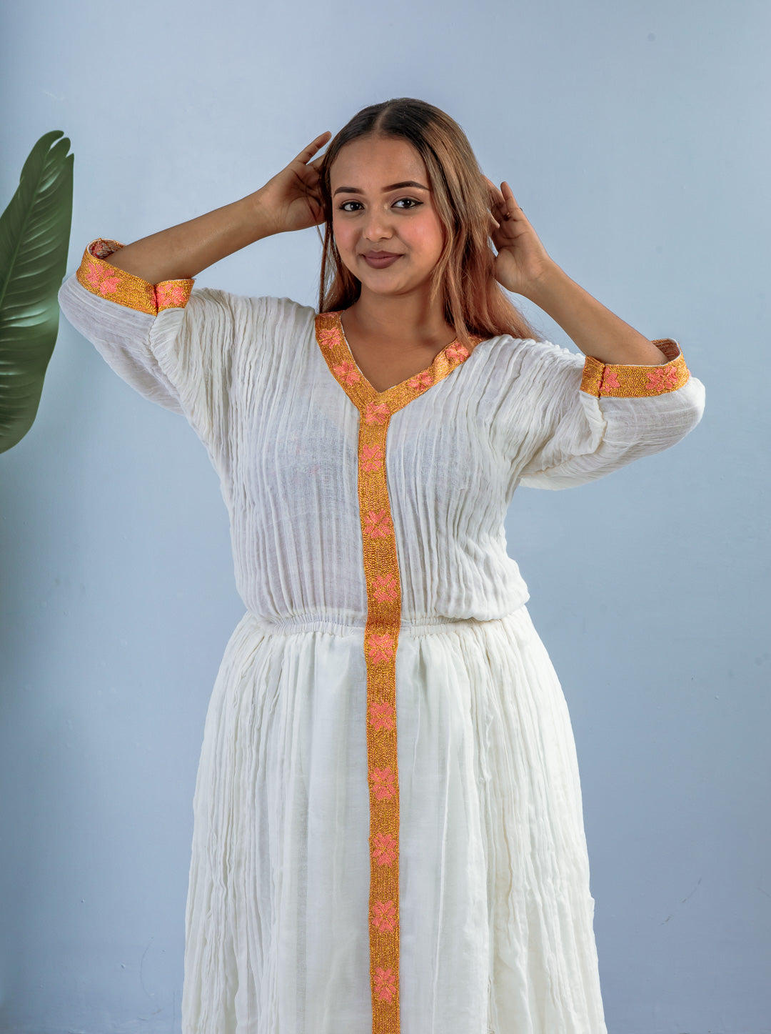 Long White Ethiopian Dress | Gold & Coral Tibeb Trim | Handwoven Cotton | Elegant Traditional Wear Hab213