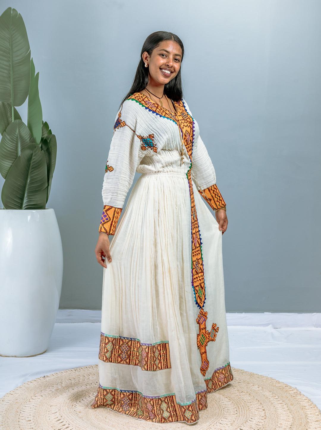 Traditional Ethiopian Habesha Dress | Handwoven Cotton Gown with Cross Design | Orange & Multicolor Embroidery | Flowy Cultural Outfit Hab205
