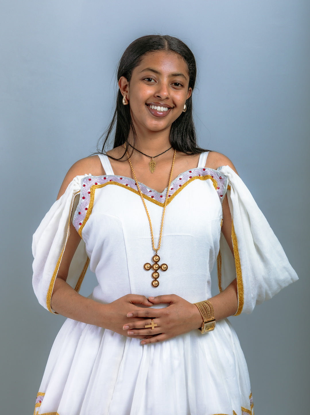 Modern Habesha Dress with Cold Shoulder | Intricate Gold & Silver Embroidery on White Cotton | Elegant Habesha Dress Hab204