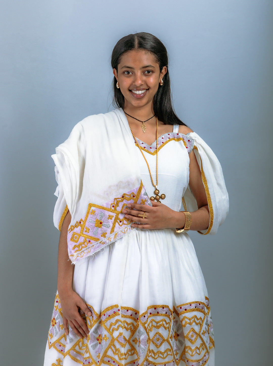 Modern Habesha Dress with Cold Shoulder | Intricate Gold & Silver Embroidery on White Cotton | Elegant Habesha Dress Hab204
