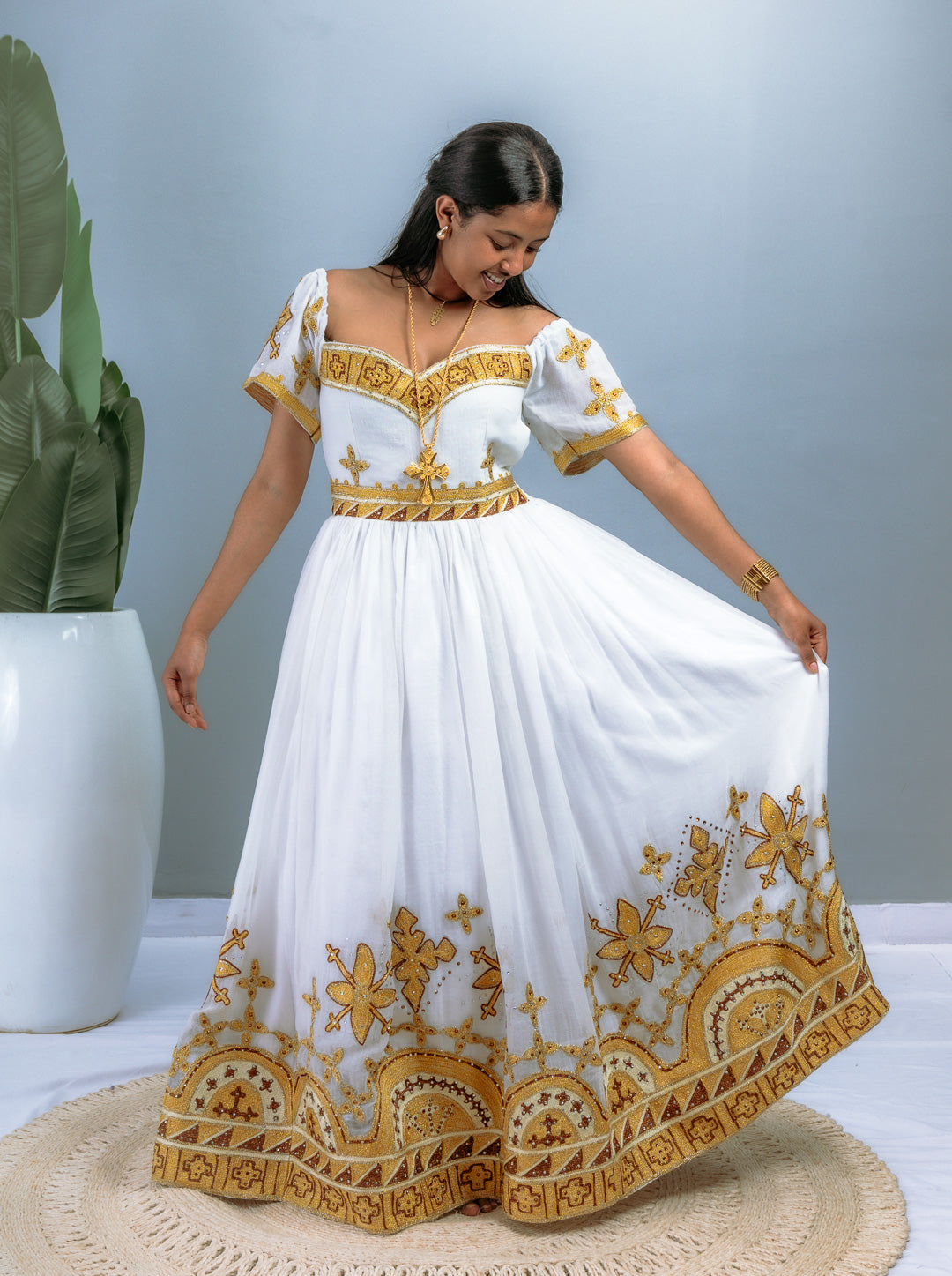 Golden Cross Embroidery & Floral Borders | Ethiopian Handwoven Dress | Off-Shoulder Princess-Style Habesha Kemis Hab215
