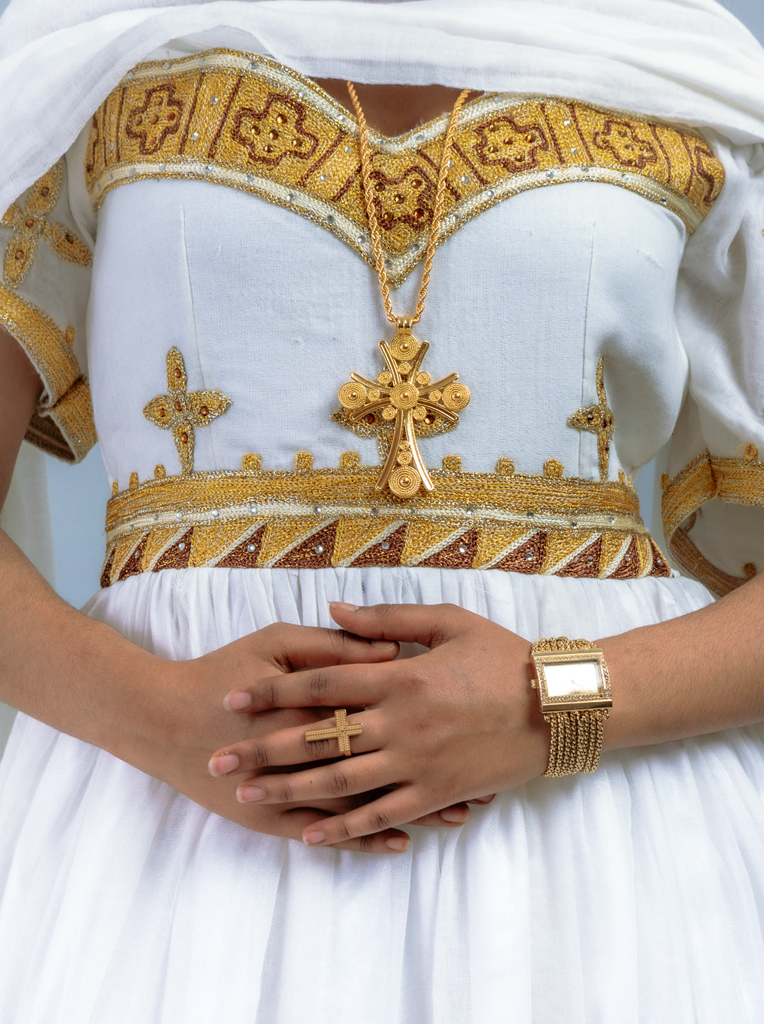 Golden Cross Embroidery & Floral Borders | Ethiopian Handwoven Dress | Off-Shoulder Princess-Style Habesha Kemis Hab215