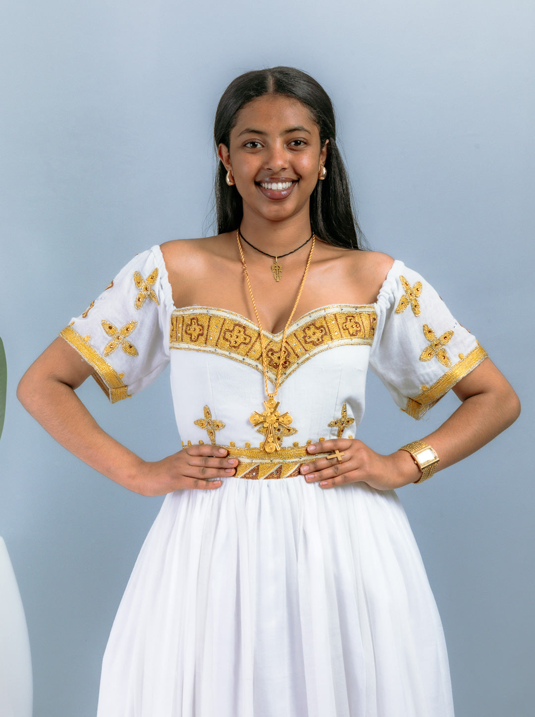 Golden Cross Embroidery & Floral Borders | Ethiopian Handwoven Dress | Off-Shoulder Princess-Style Habesha Kemis Hab215