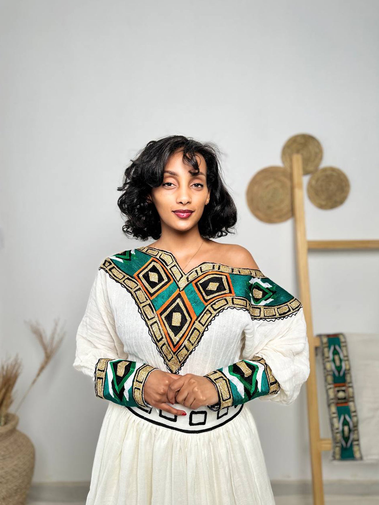 Emerald Radiance One-Shoulder Habesha Dress | Regal Ethiopian Kemis Hab250