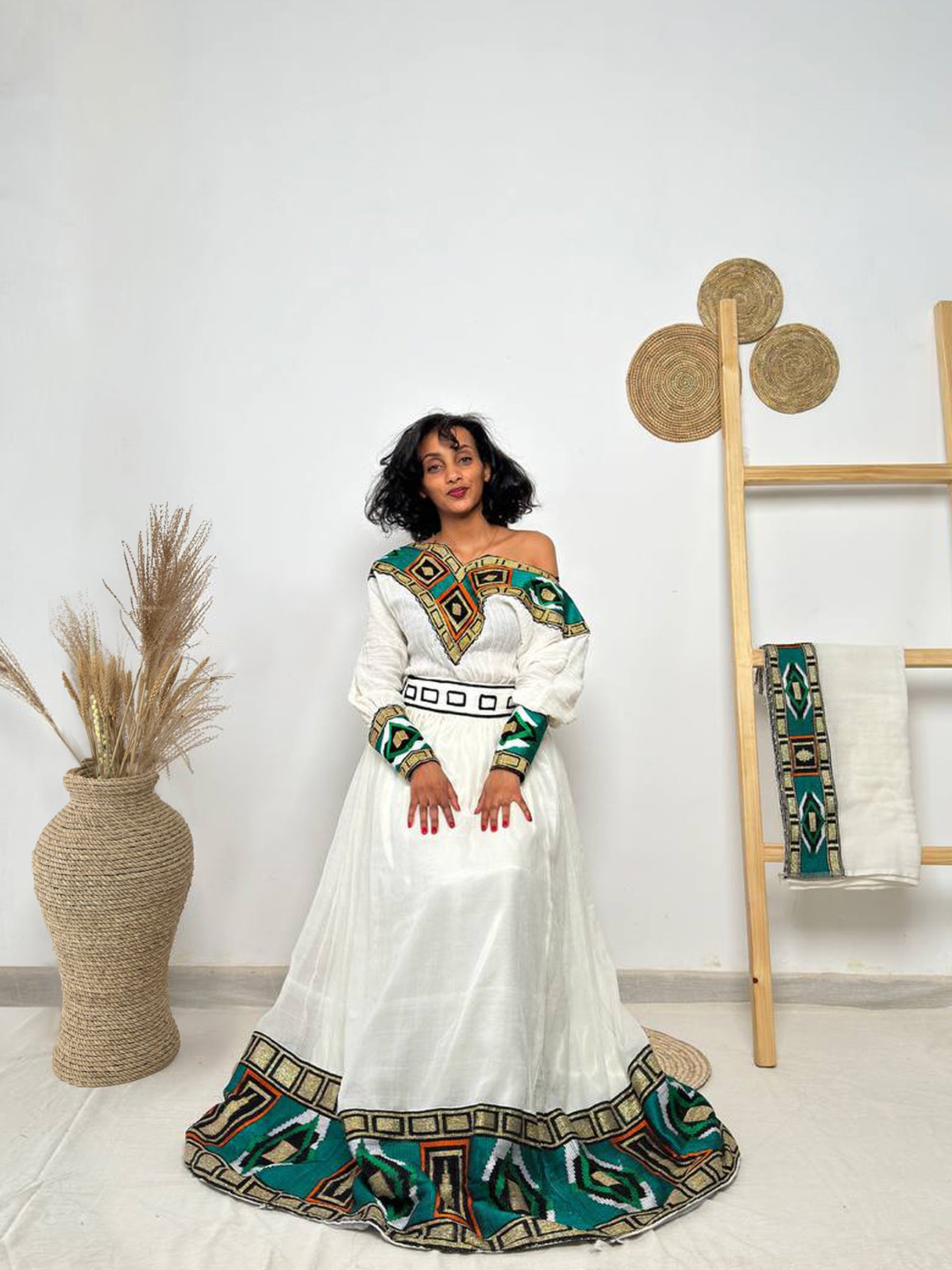 Emerald Radiance One-Shoulder Habesha Dress | Regal Ethiopian Kemis Hab250