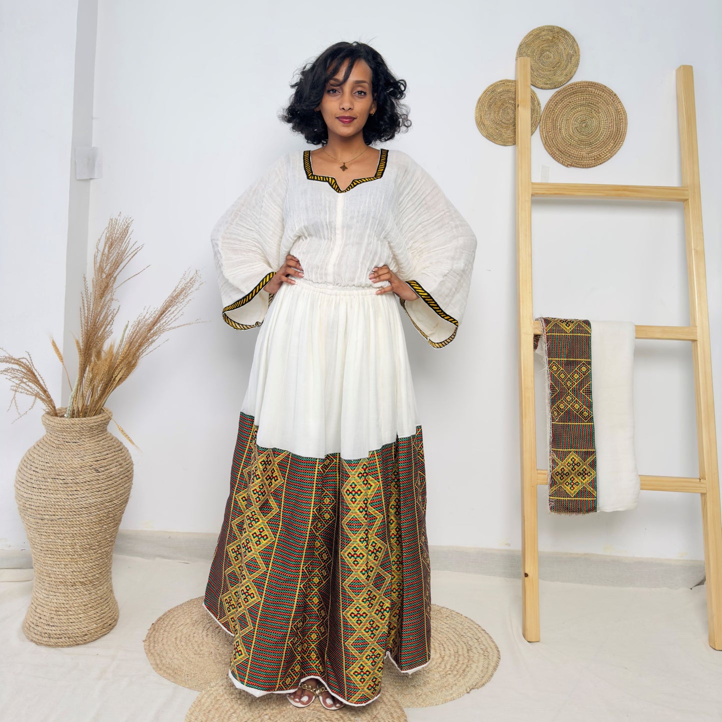 White Ethiopian Dress | Brown Diamond Tibeb Skirt | Handwoven Cotton | Elegant Cultural Wear Hab212