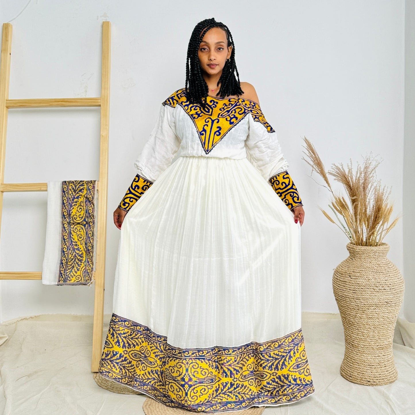 Habesha Dress | Gold with Blue Embroidery | Weddings & Festive Celebrations | Handcrafted Elegance Hab73