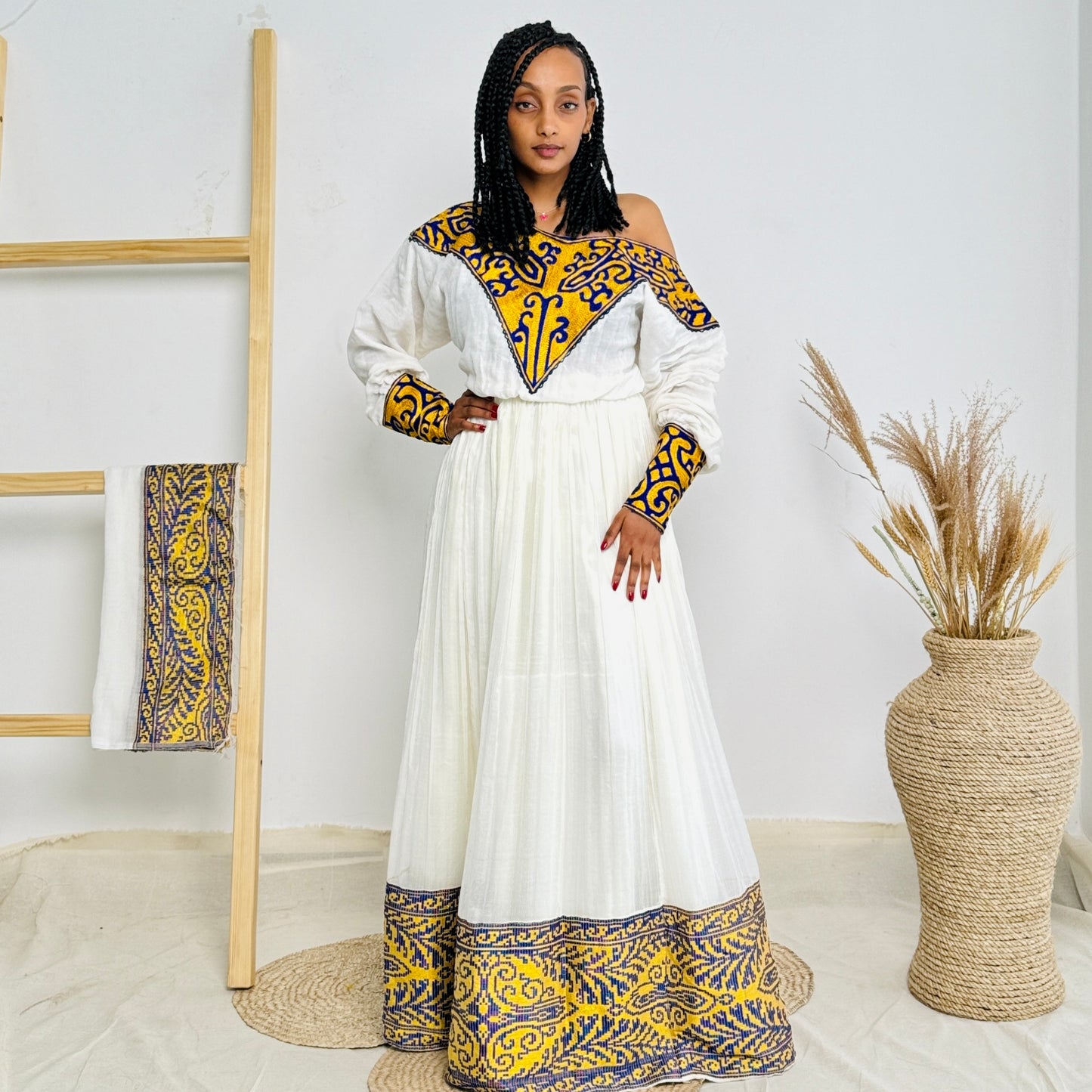 Habesha Dress | Gold with Blue Embroidery | Weddings & Festive Celebrations | Handcrafted Elegance Hab73