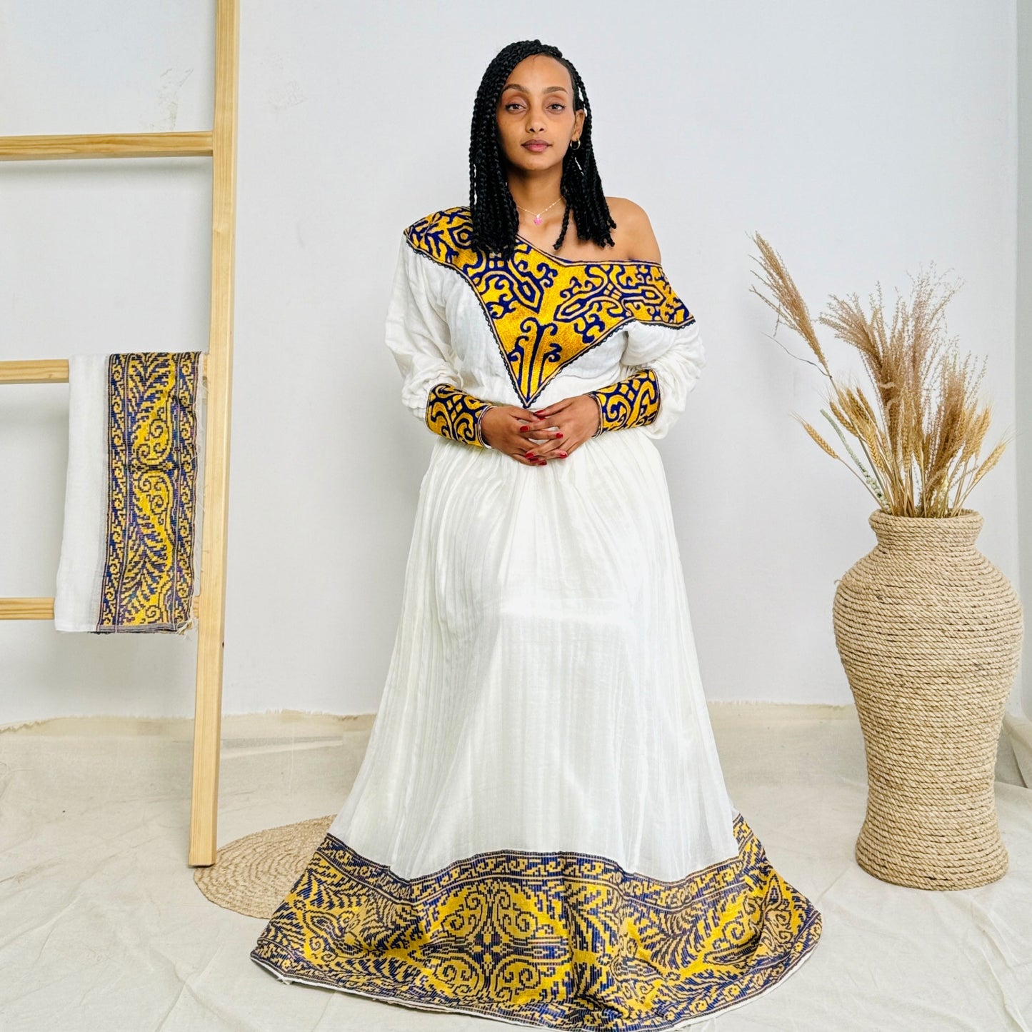 Habesha Dress | Gold with Blue Embroidery | Weddings & Festive Celebrations | Handcrafted Elegance Hab73