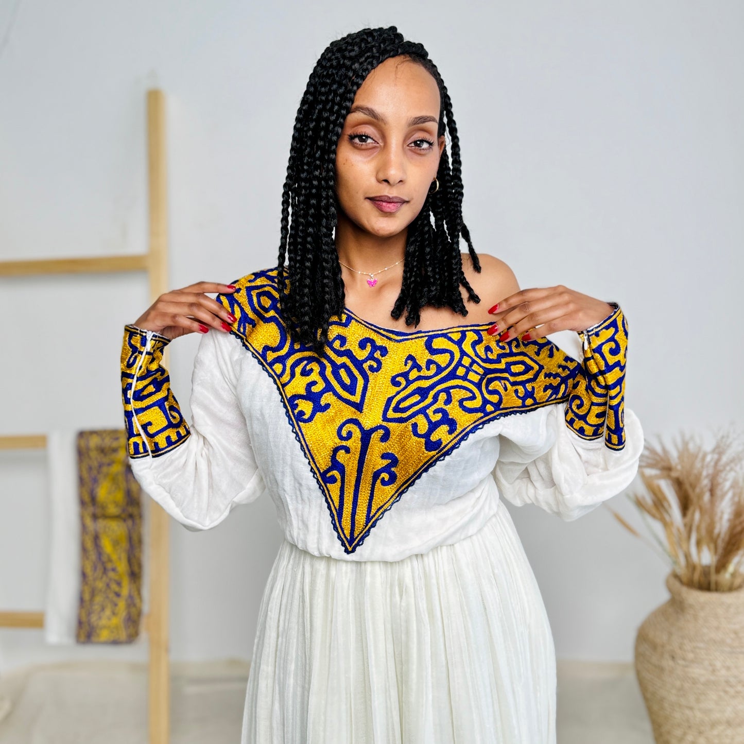 Habesha Dress | Gold with Blue Embroidery | Weddings & Festive Celebrations | Handcrafted Elegance Hab73