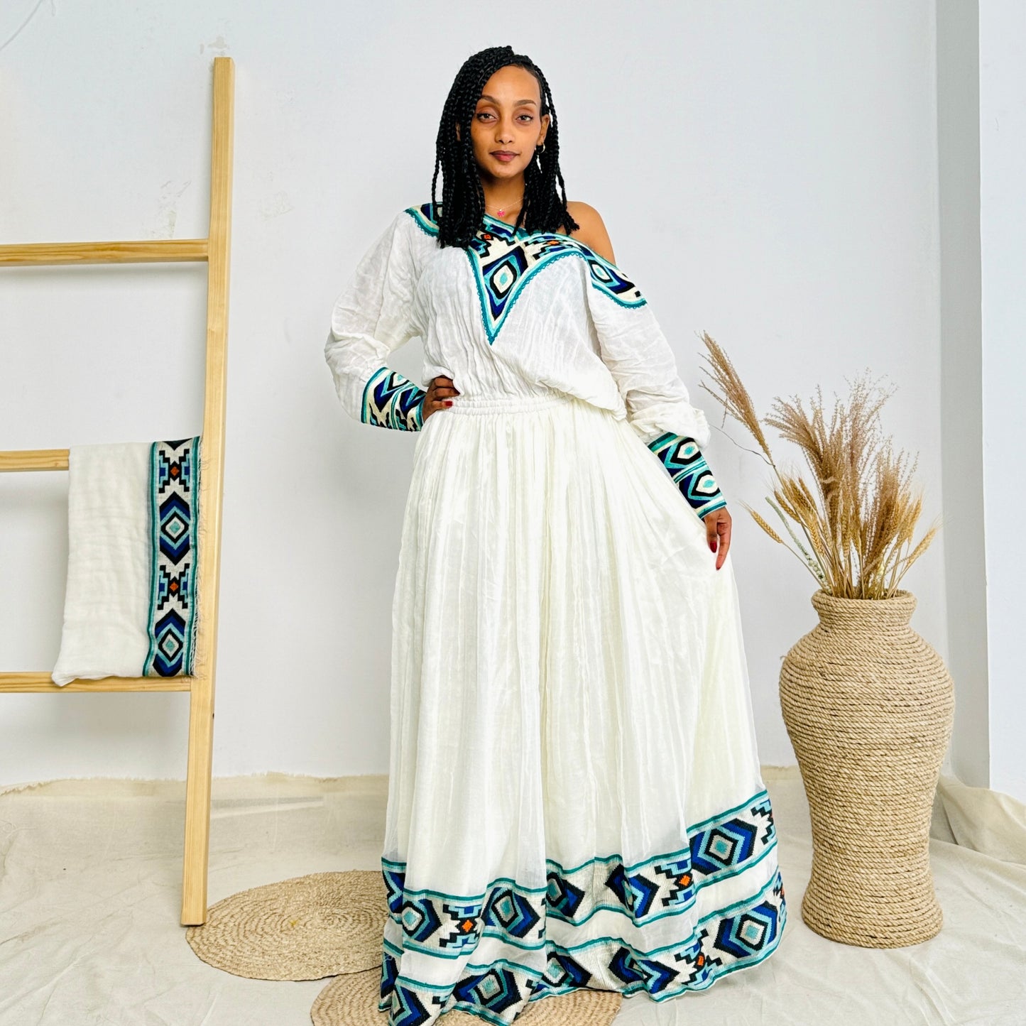 Blue Habesha Kemis with Diamond like Patterns Hab01