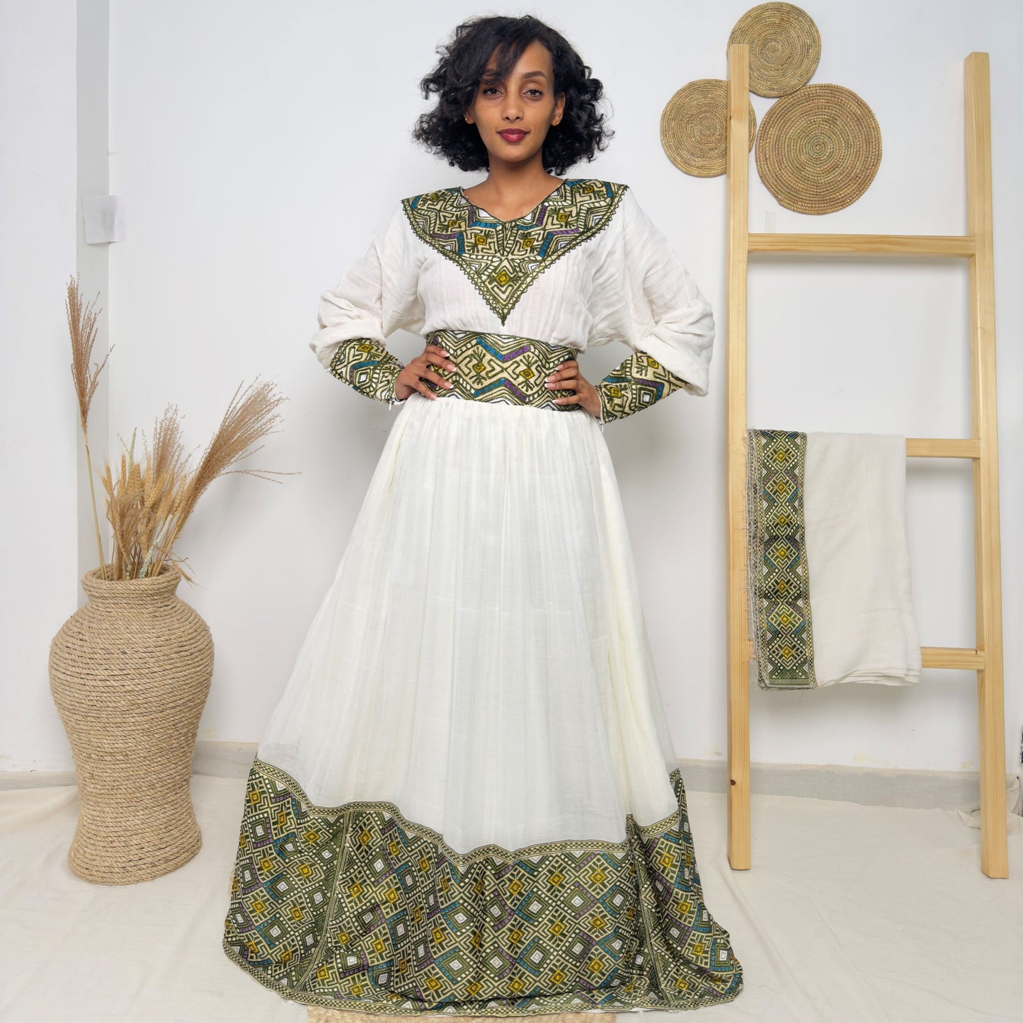 Ethiopian Handwoven White Dress | Olive Green & Mustard Tibeb Accents | Modern Habesha Kemis Hab208