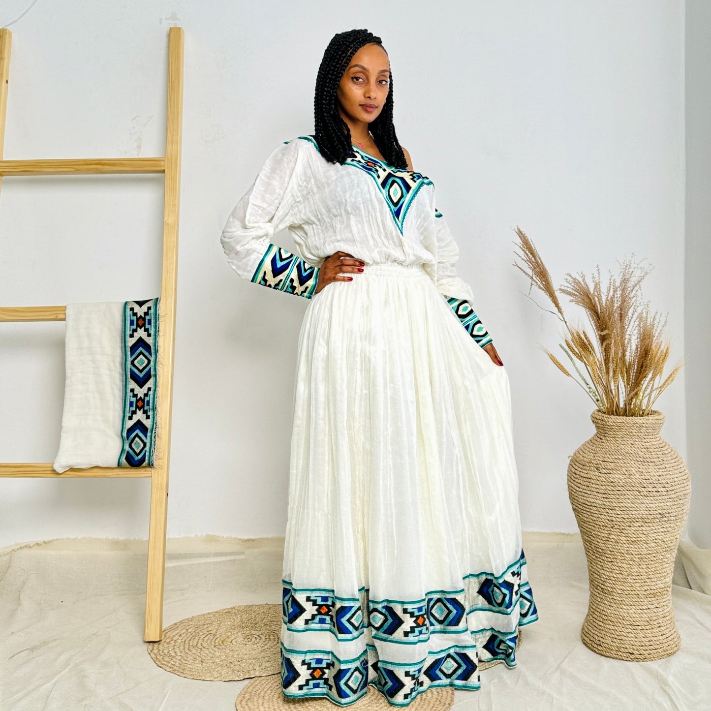 Blue Habesha Kemis with Diamond like Patterns Hab01