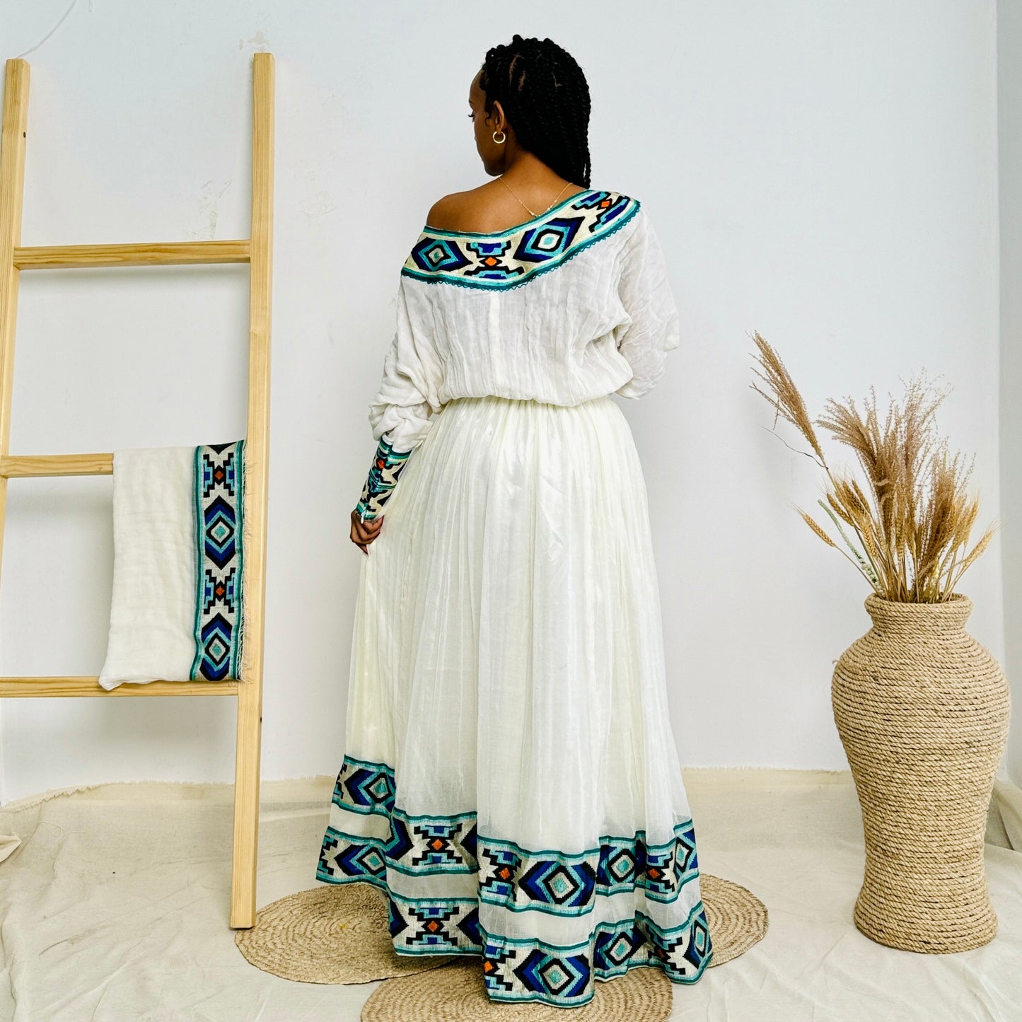 Blue Habesha Kemis with Diamond like Patterns Hab01