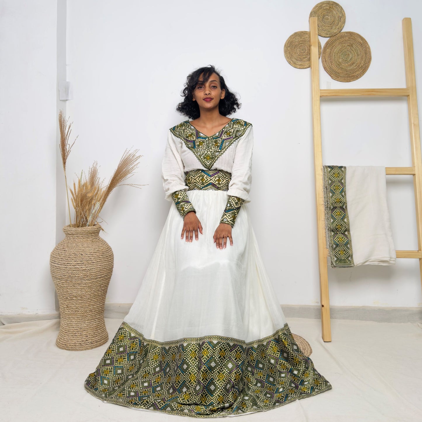 Ethiopian Handwoven White Dress | Olive Green & Mustard Tibeb Accents | Modern Habesha Kemis Hab208