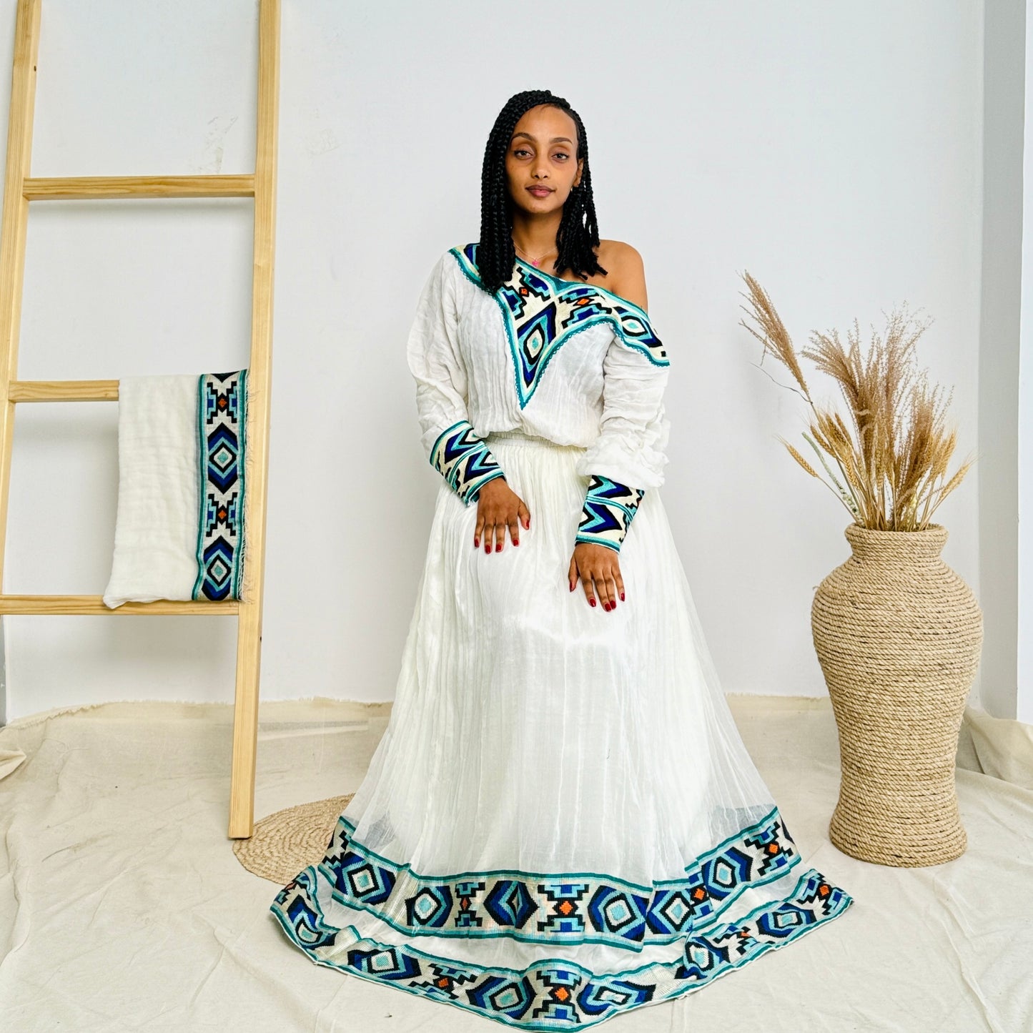 Blue Habesha Kemis with Diamond like Patterns Hab01