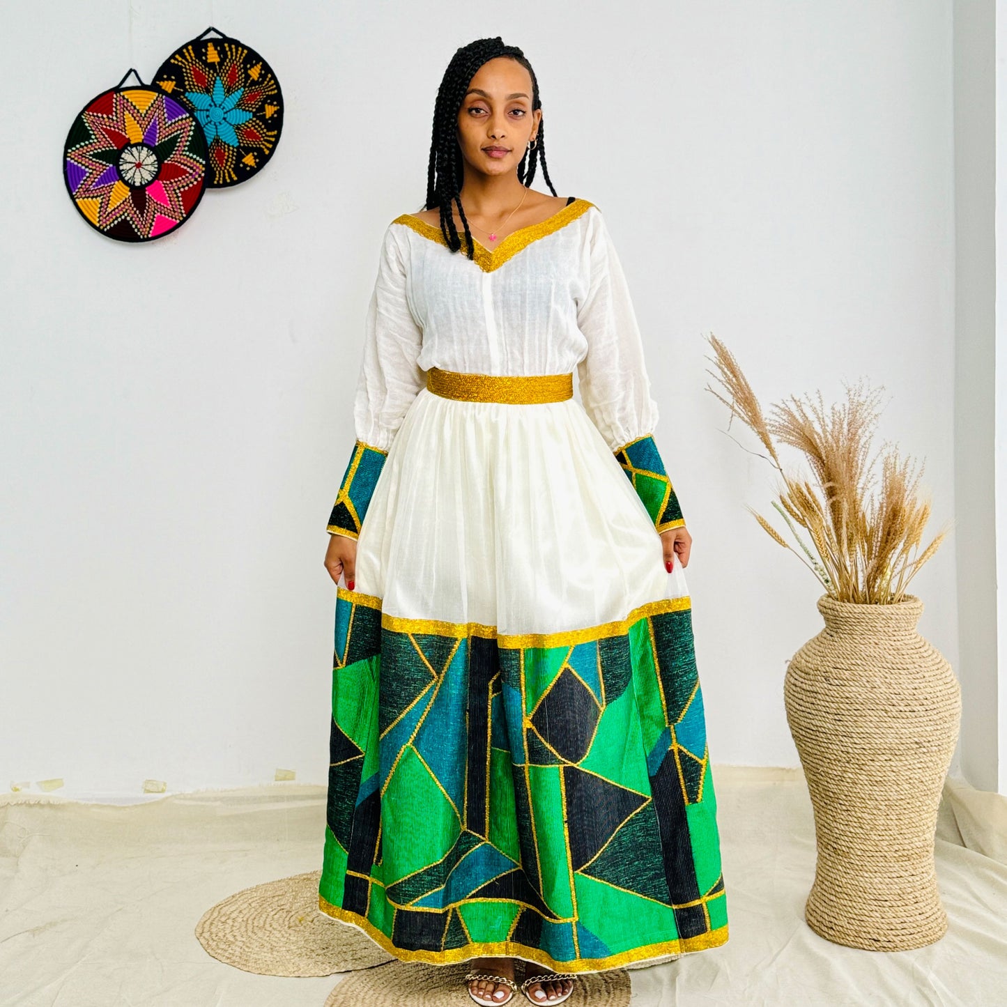 Habesha Dress | Radiant Green Embroidery | Celebrations Dress | Traditional Handcrafted Design Hab86