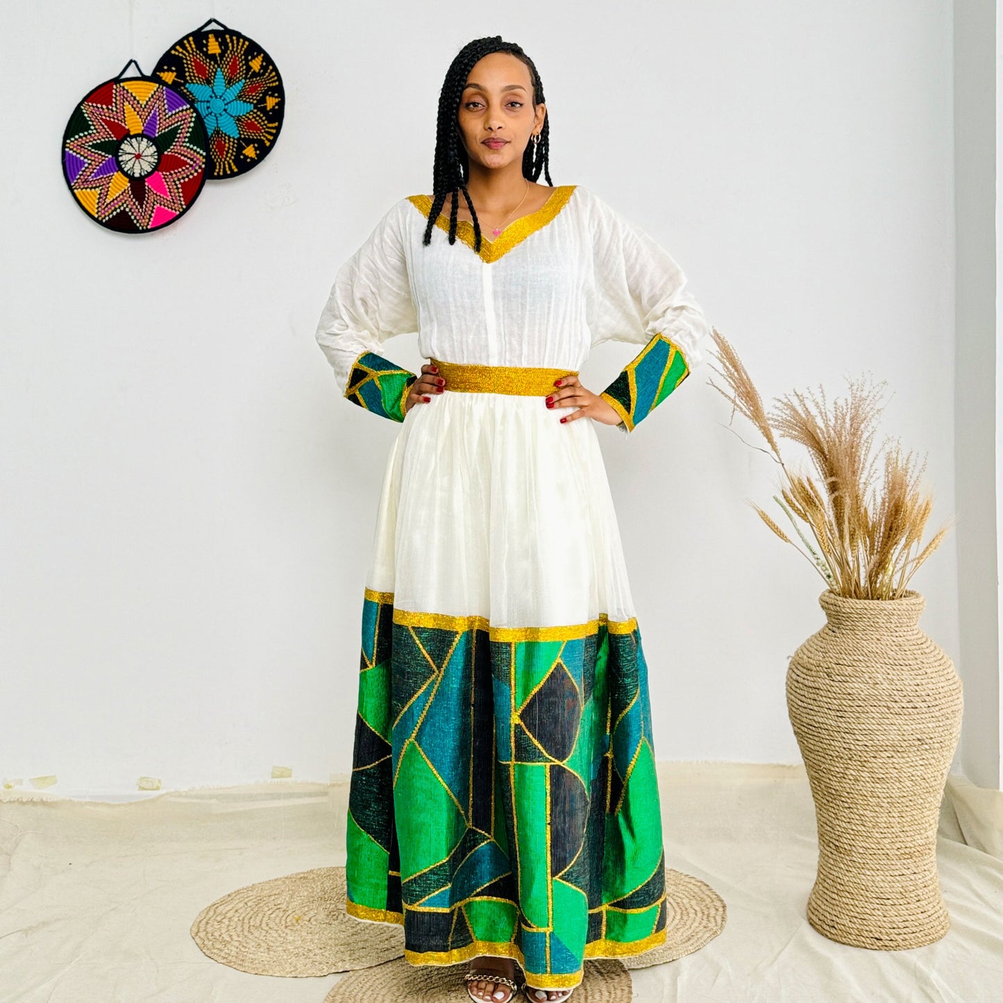 Habesha Dress | Radiant Green Embroidery | Celebrations Dress | Traditional Handcrafted Design Hab86
