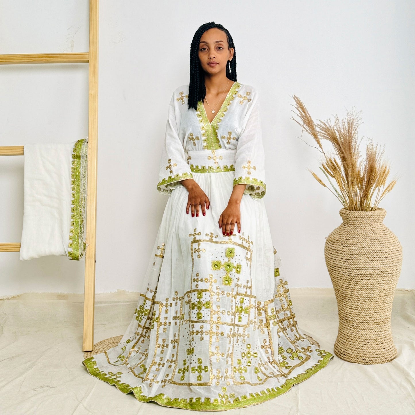 Lemon Sparkly Habesha Dress with Elegant Detailing Habesha Kemis Design Hab53