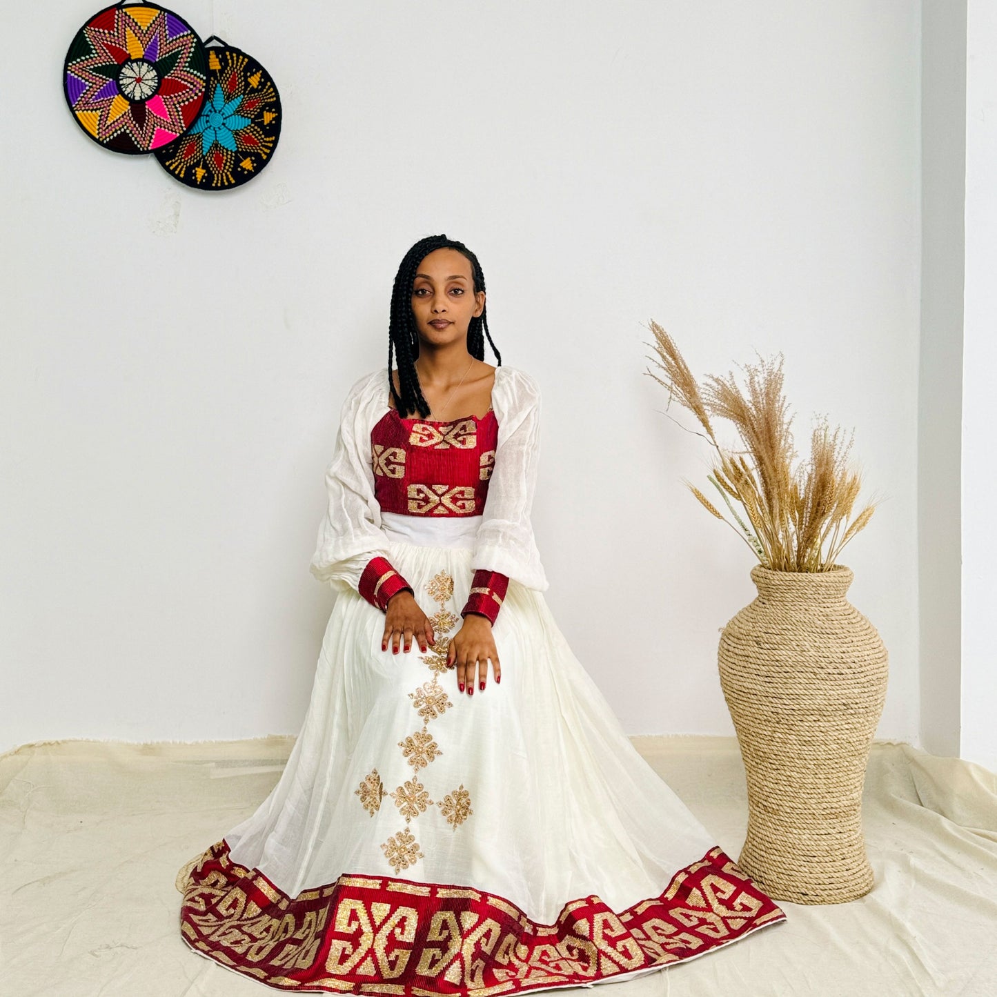Stylish Red Crop and Skirt Habesha Dress with Intricate Patterns Hab20