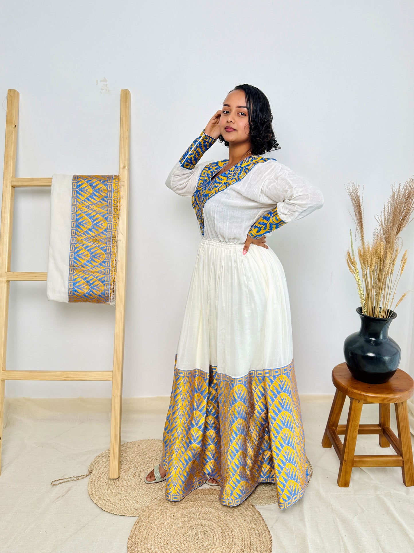 Ethiopian Dress | Gold and Blue Elegance | Weddings and Celebrations | 100% Handcrafted Habesha Dress Hab87