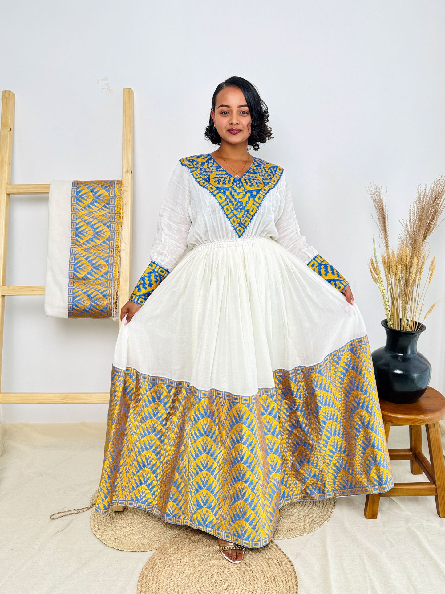 Ethiopian Dress | Gold and Blue Elegance | Weddings and Celebrations | 100% Handcrafted Habesha Dress Hab87