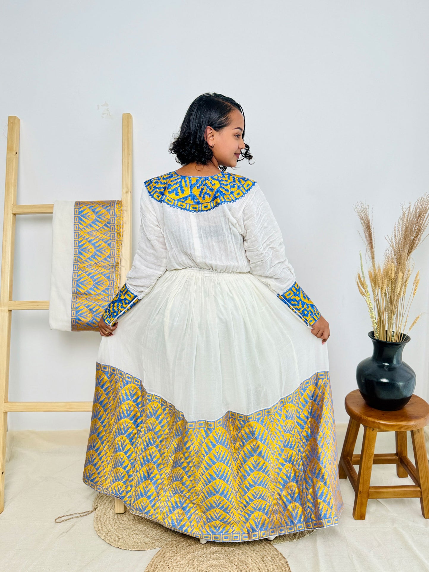 Ethiopian Dress | Gold and Blue Elegance | Weddings and Celebrations | 100% Handcrafted Habesha Dress Hab87